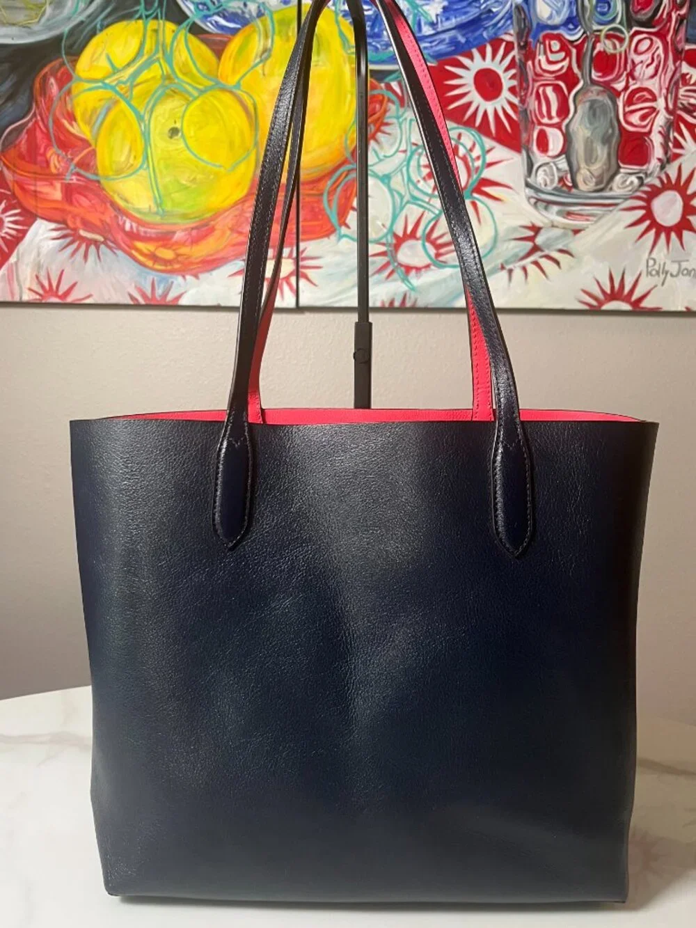 Kate Spade Arbour Hill Elodie Navy Pink Reversible Leather Tote Shoulder Bag